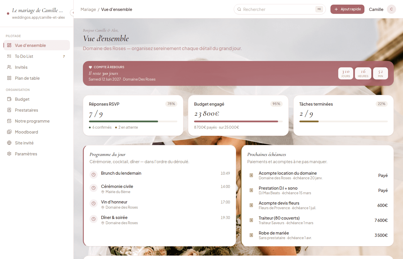 Vue d'ensemble de l'outil Mariés : compte à rebours, budget, RSVP, programme du jour et échéances