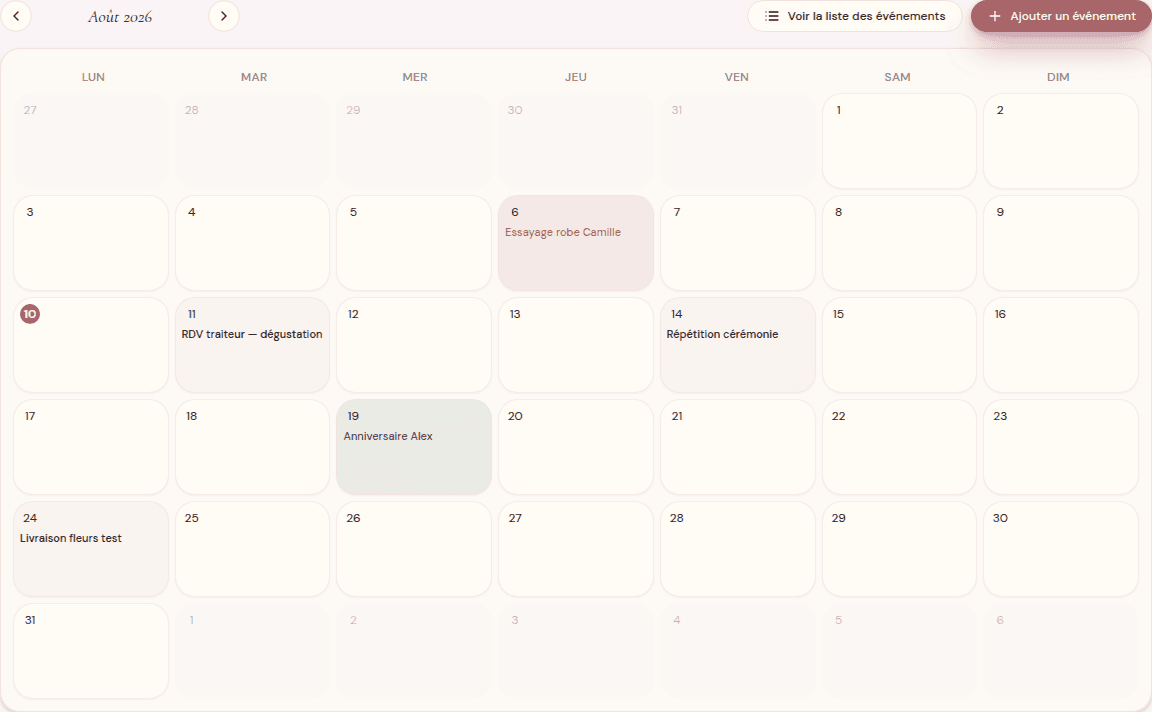 Calendrier mensuel avec rendez-vous et échéances de préparatifs