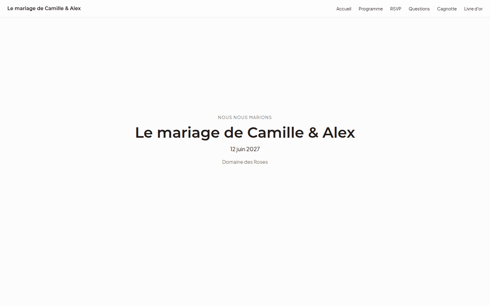 Site invité public avec photo de couverture et navigation vers RSVP et programme