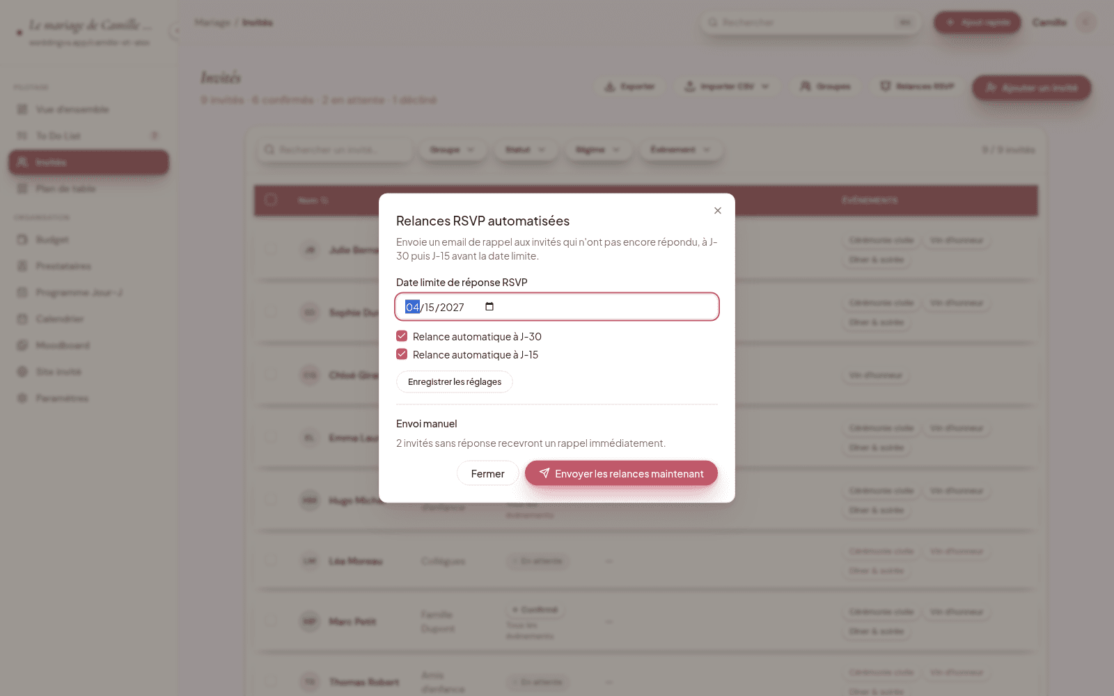 Réglages des relances RSVP automatisées à J-30 et J-15