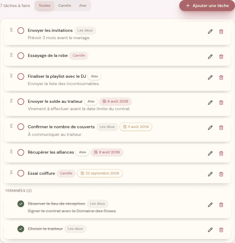 Liste de tâches de préparation avec échéances et assignation