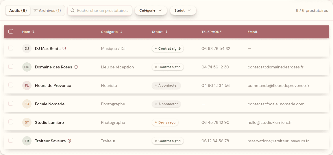 Liste des prestataires avec statuts et documents associés